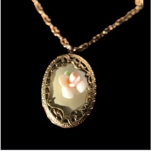 1928 gold tone vintage rose mini pendant necklace, delicate - barrel clasp